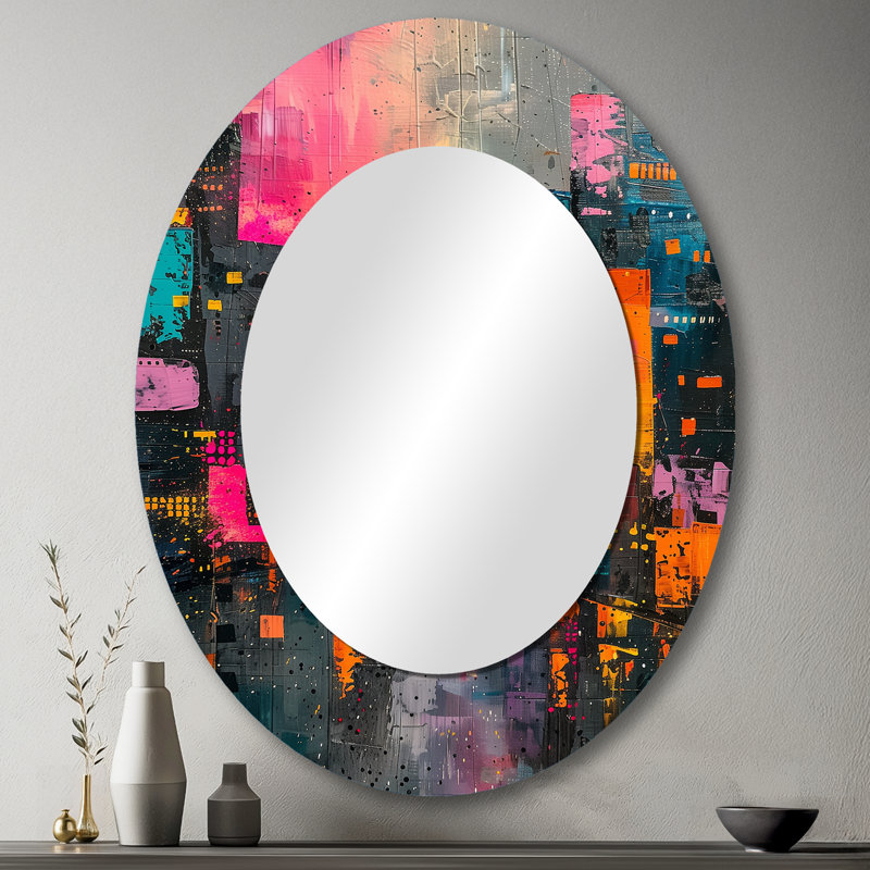 Black Urban Urban Luxury Buildings - Miroir décoratif ovale sur métal Cityscapes, 43 po x 33 po