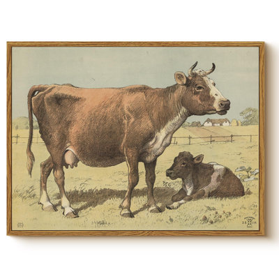 Classic Framed Farmhous Canvas Wall Art Print, Vintage Country Farm Animal Easter Painting Cow and Calf Mother's Love Themed Artwork Decor for Living Room Bedroom Hallway 12x16 Inch