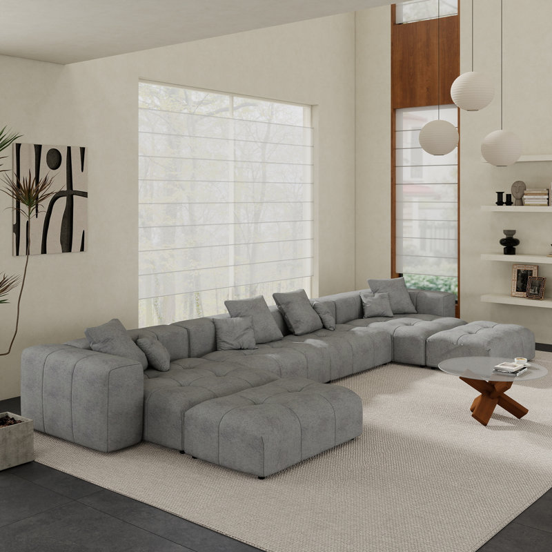 Kay Crumley 6-Piece Upholstered Modern Linen Fabric Sectional Sofa With Ottoman, Gray