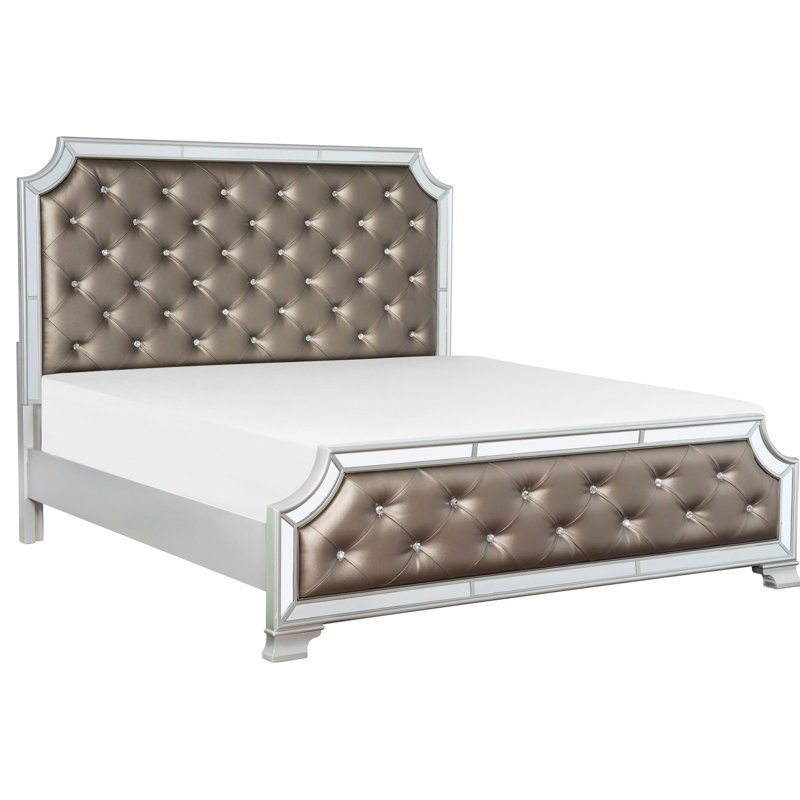Cadre de lit grand format argenté, tête de lit à boutons et garniture de miroir biseauté, cadre de chambre à coucher de style contemporain désirable avec finition glamour, style gracieux