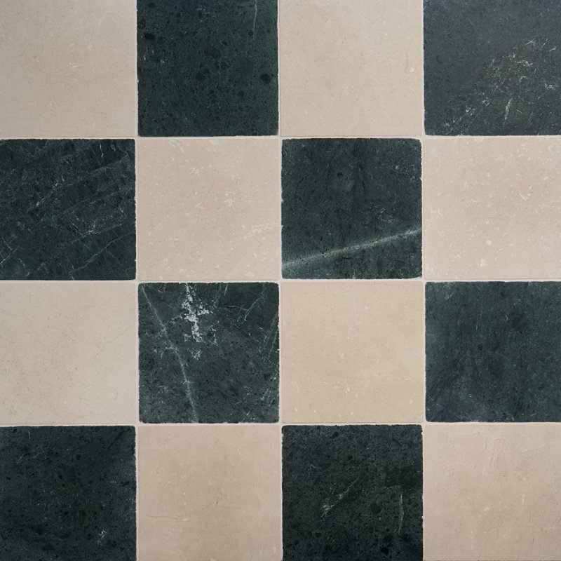 Avanti 12 in. x 12 in. Tumbled Marble Checkerboard 12 in. x 12 in. Polished Marble Tile, Verde and Crema