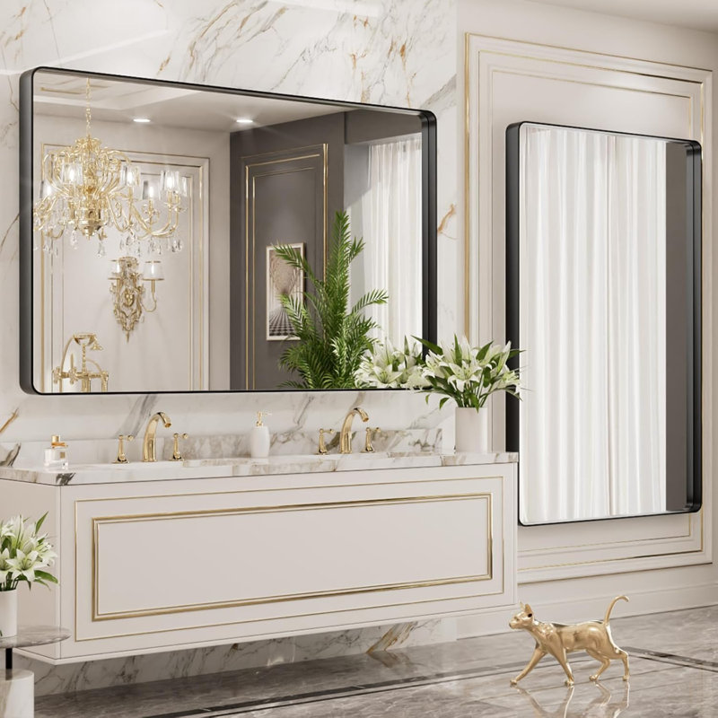 Miroir de salle de bain 40 po x 36 po avec cadre en métal noir, miroir de meuble-lavabo noir mat, antirouille, verre trempé, à suspendre horizontalement ou verticalement