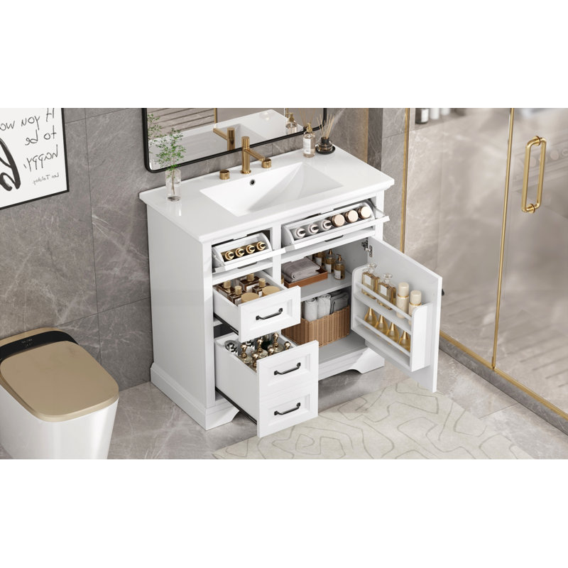 Meuble-lavabo de salle de bain avec comptoir en céramique, Blanc