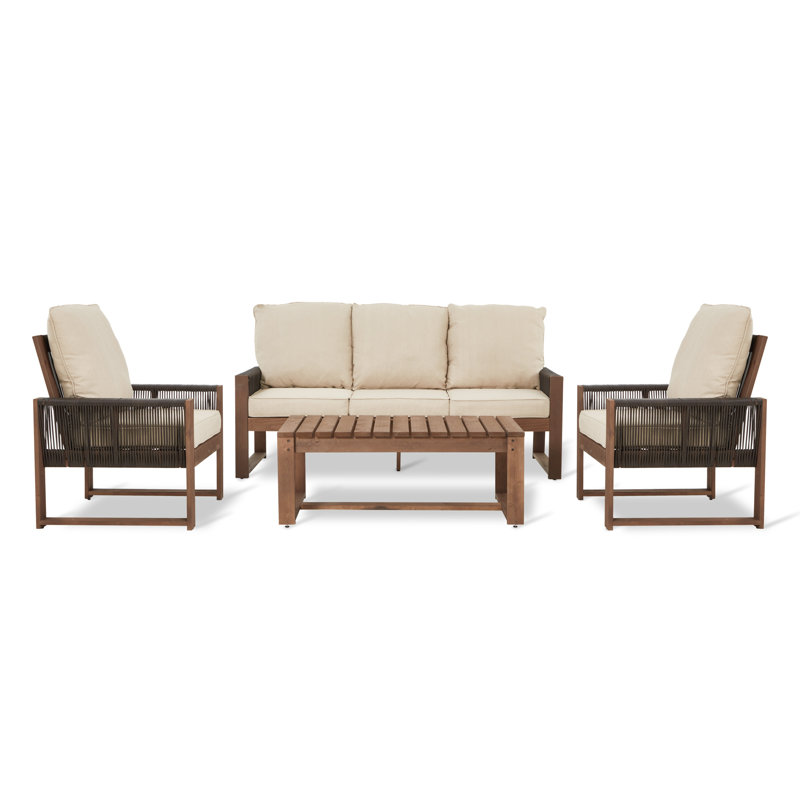Ensemble de patio 4 pièces en cèdre avec corde et coussins en PE - Ensemble de conversation extérieur toutes saisons, Beige