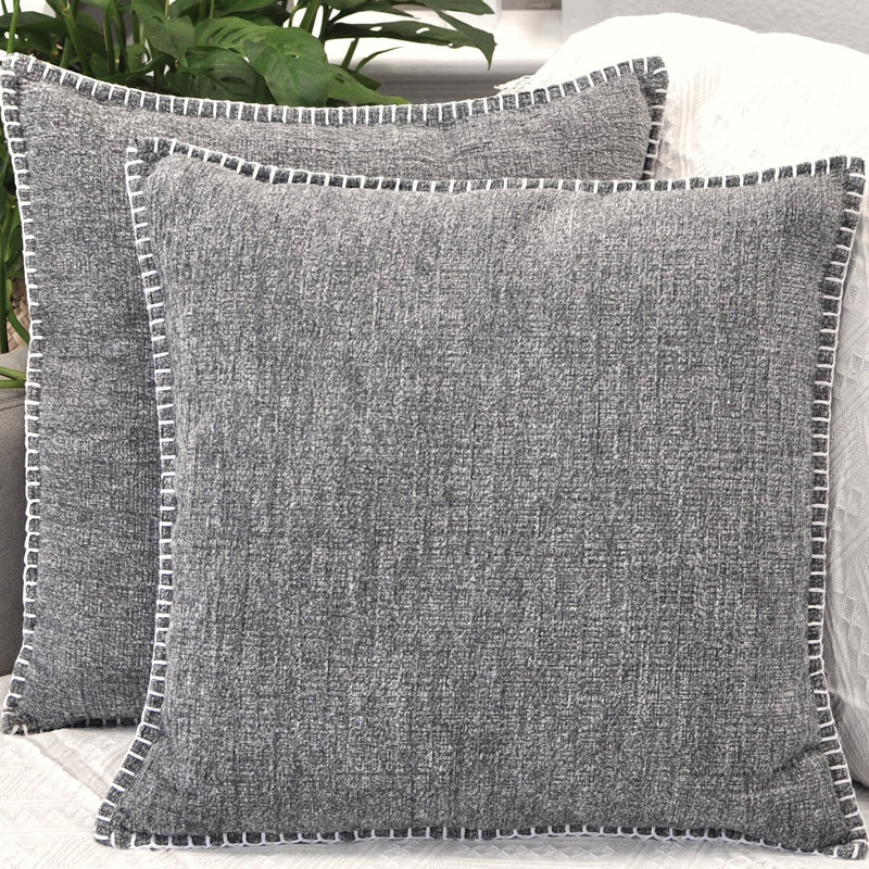 Heather Gray Chenille 16" x 16" Throw Pillow Covers with Stitched Edge (Set of 2)