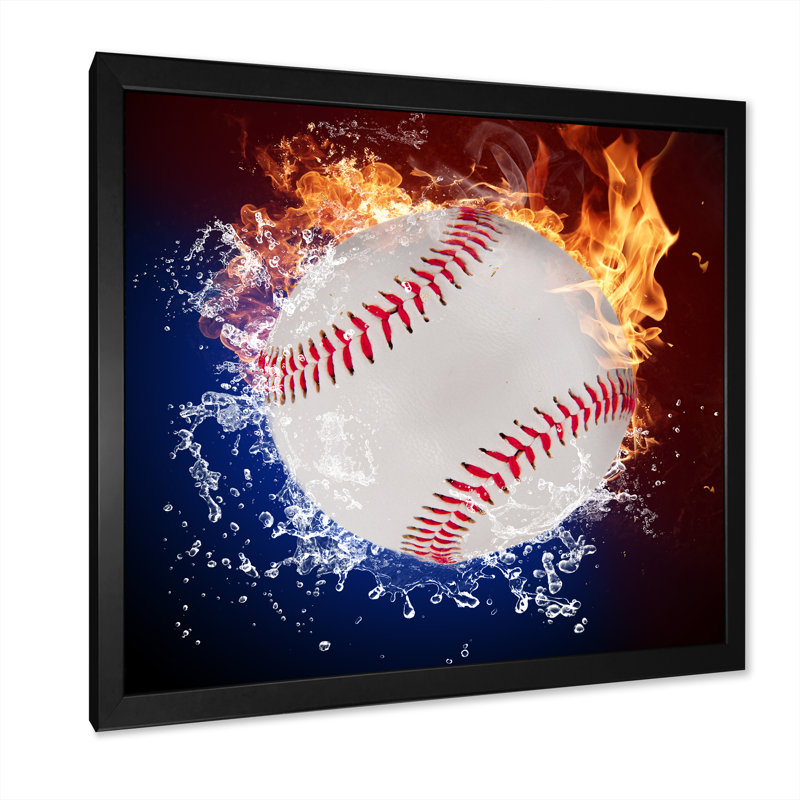 Baseball Ball In Fire Flames - on, Impression noire sur toile encadrée, H 16 po x l 16 po x P 1 po