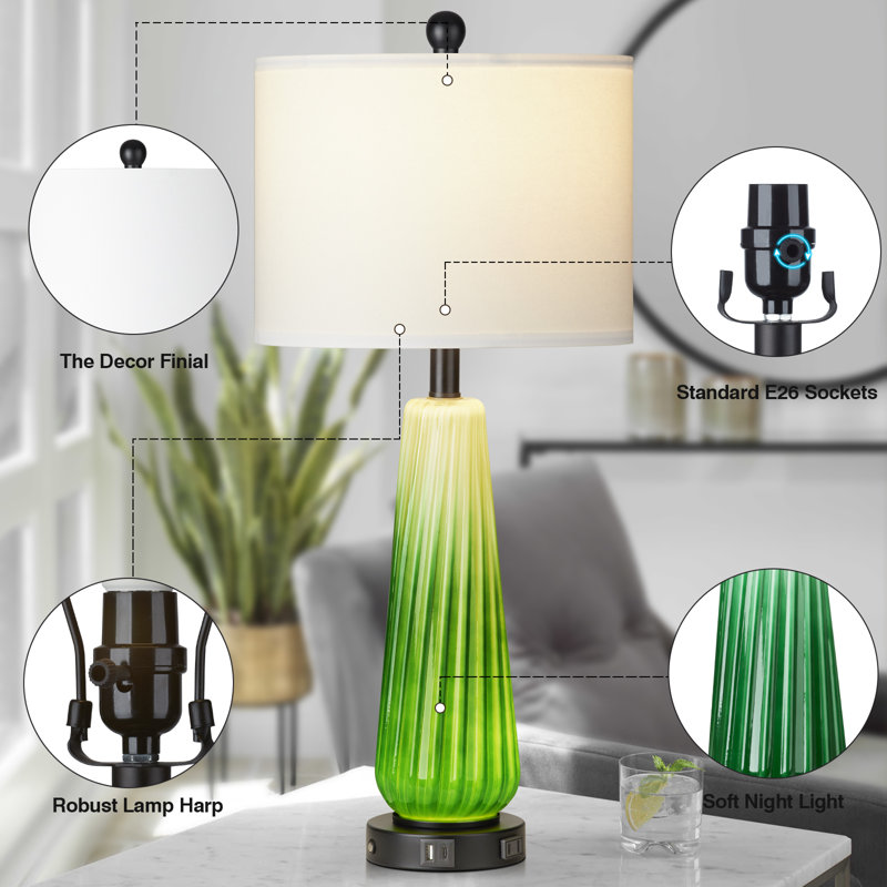 Table Lamps Nightlight 2in1 Glass Green Ripple Style with Rotary Switch Touch Switch(Set of 2), Vert