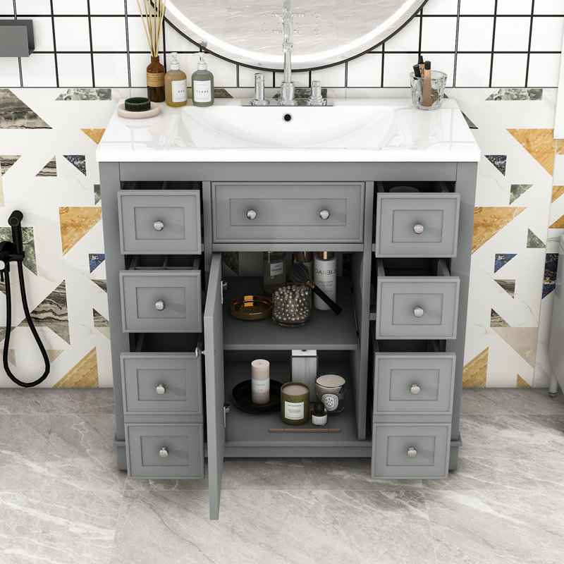 Meuble-lavabo autoportant moderne avec rangement réglable, Gris