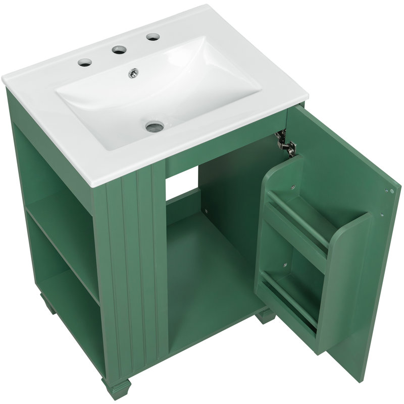 Meuble-lavabo de salle de bain avec lavabo, armoire avec tablette de porte, rangement latéral ouvert, cadre en bois massif et porte à fermeture douce pour une utilisation pratique