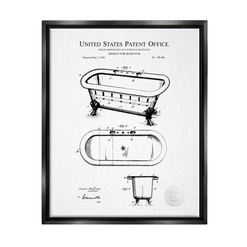 «Vintage Claw Tub Brevet» par Karl Hronek - cadre flottant, impression sur toile, H 21 po x l 17 po x P 1,7 po