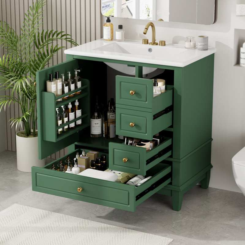 Bathroom Vanity With Sink/ One Door With Shelf And Three Drawers/ Door/Bathroom Vanity Cabinet, Green