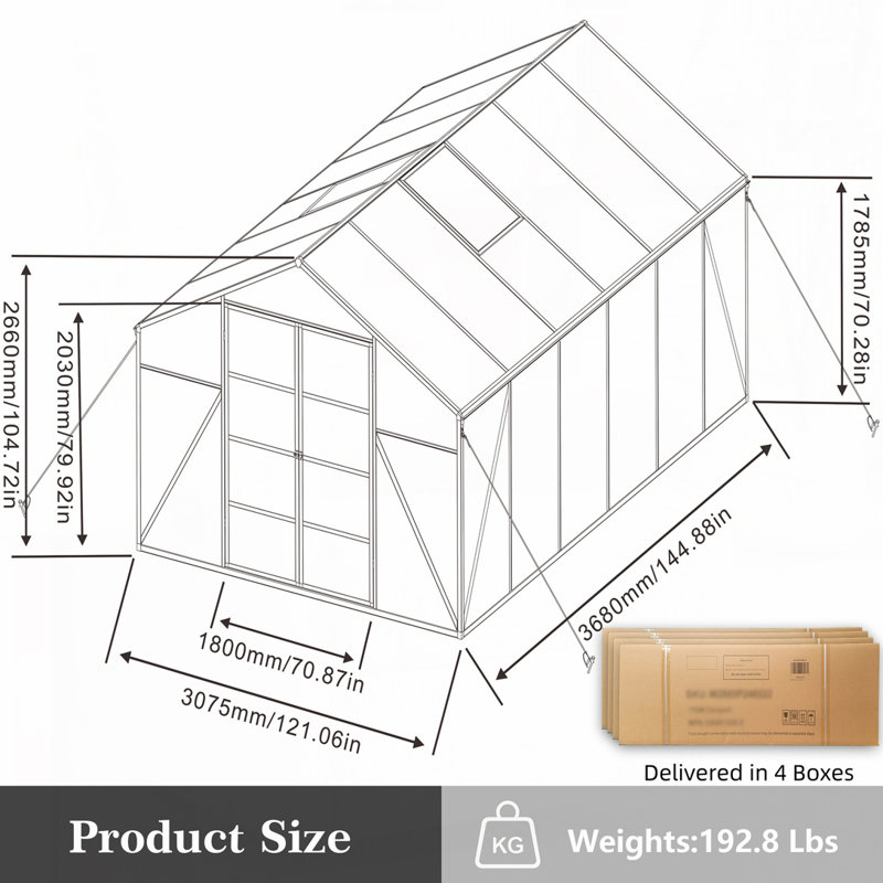 10x12 FT Polycarbonate Greenhouse, 12.1' W x 10.1' D