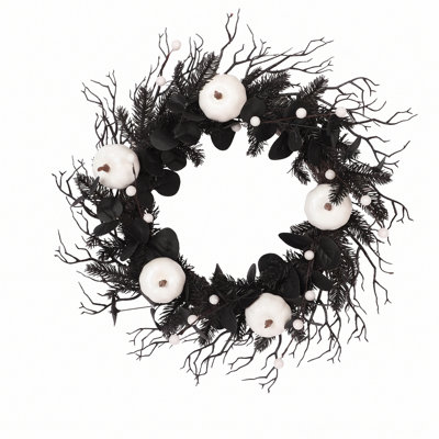 Couronne gothique artificielle d'Halloween de 50 cm (19,7 pouces) avec citrouille blanche et brindilles noires, pour porte d'entrée, porche et cheminée.