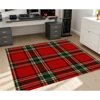 Tapis à carreaux tartan lavable à la machine avec envers antidérapant, motif à carreaux rouges et verts, décoration intérieure confortable pour salon, chambre, entrée, cuisine, balcon, appartement