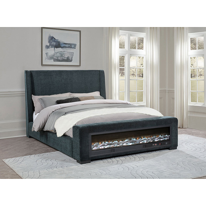Sebastian Dark Blue  Upholstered Eastern  Audio Flame Visualizer Bed, King