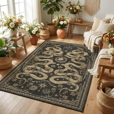 Tapis lavable pour le salon, la chambre à coucher ou la salle à manger - Tapis moderne antidérapant et antidérapant bleu / gris foncé