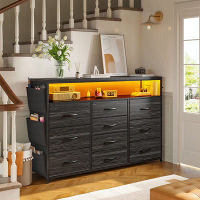 Commode et meuble télé 10 tiroirs en tissu avec lumières DEL et prises pour la chambre à coucher et le salon
