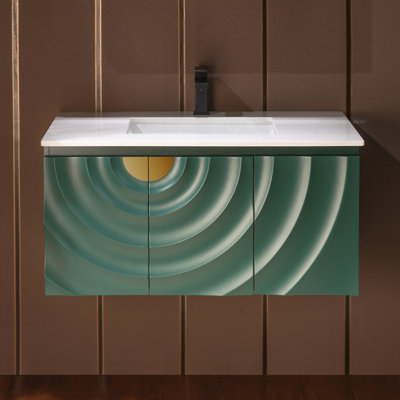 Eden 36"X22" Wall Mounted Floating Bathroom Vanity in Green with Single Ceramic Undermount Sink, White Engineered Stone Vanity Top– 3D Wave Pattern Doors, Space-Saving for Modern Living