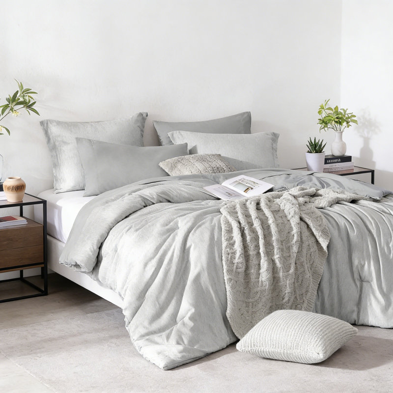 Queen Reversible Comforter Set 7 Pieces Light Grey Cationic Bed In A Bag, Gray, Queen Bedspread + 6 Additional Pieces