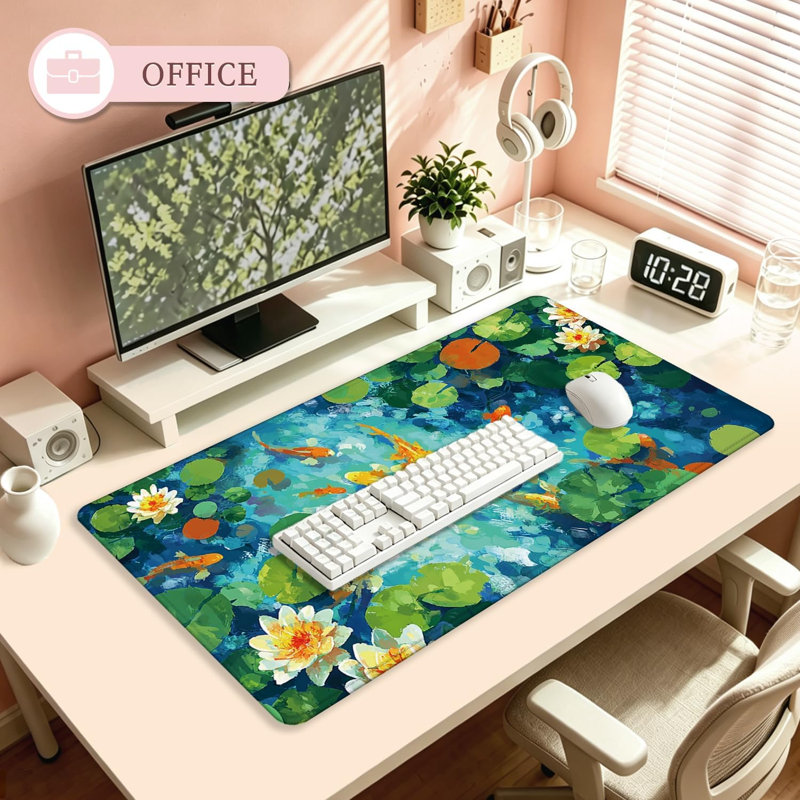 Tapis de souris de bureau grand format à motif de carpes koï japonaises, inspiré d'un étang de nénuphars asiatiques, idéal pour les jeux vidéo, antidérapant, pour le travail à domicile ou au bureau, 40 x 90 cm.