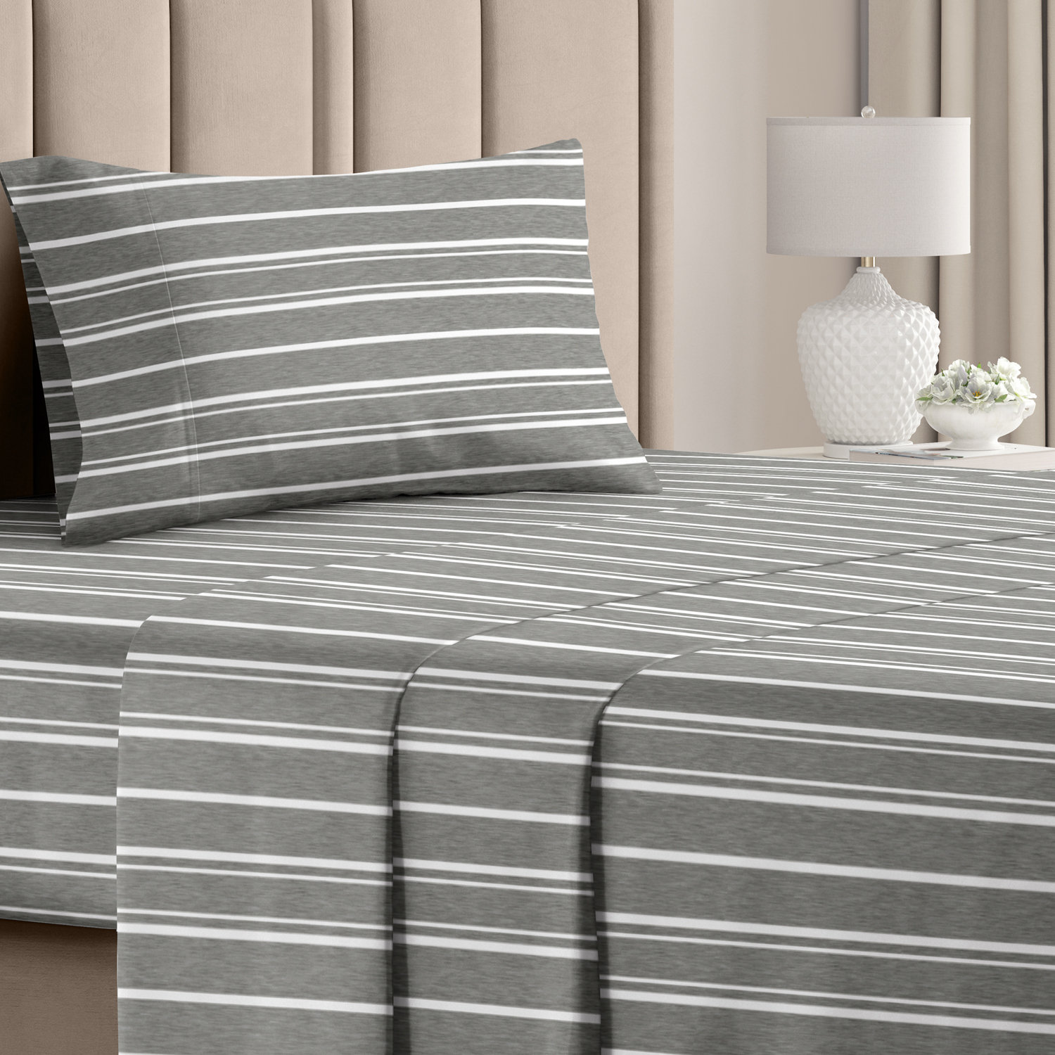CGK Linens 4 Piece Soft & Cooling Striped Sheet Set Brushed Hotel
