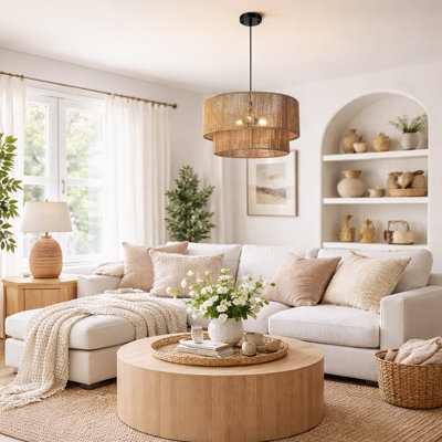 Luminaire suspendu 17,72 po à double tambour en osier, abat-jour naturel tissé à la main Boho pour salle à manger, cuisine, salon