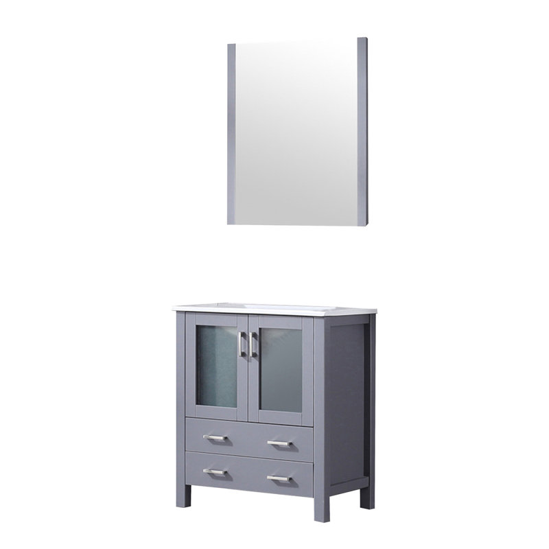 Bath Vanity 30 In. W X 18.25 In. D, Ceramic Top, And 28 In. Mirror, Dark Grey