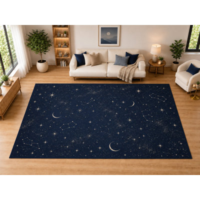 Tapis « ultra-léger » grand format (201 cm x 300 cm) à motif étoiles et lune, idéal pour le salon, la chambre ou la salle à manger. Doux et à poils courts, envers antidérapant, bleu marine.