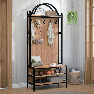 Portemanteau 76,8 po avec banc et rangement pour chaussures, portemanteau 6-en-1 avec 5 crochets, portemanteau arqué avec porte-chaussures, organisateur de hall d'entrée en métal pour vestibule, vestibule, naturel