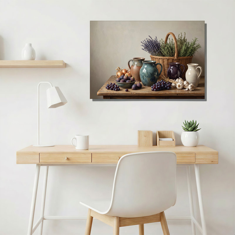 Tableau sur toile représentant des fruits et légumes frais et des pichets en céramique sur une table en bois, 12"H x 18"W