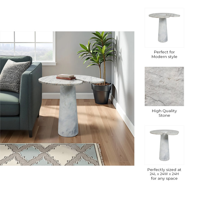 Marble Accent Table Round Modern Stone Side Table with Sculptural Split-Top Design for Living Room, Bedroom, or Office 24" Ivory & Gray