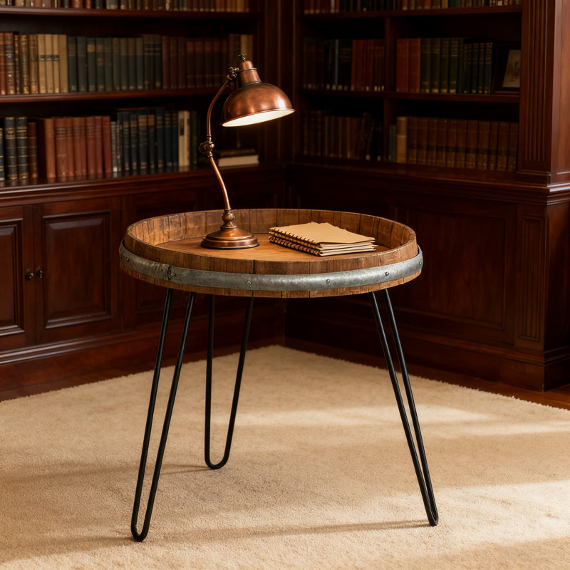 Table d'appoint en tonneau vintage en bois avec structure en métal, table d'appoint multifonctionnelle pour le salon, le bureau ou la chambre à coucher
