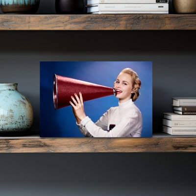 1950S Blonde Woman College Cheerleader In Letter Sweater Looking At Camera Yelling Into Megaphone Classic Retro Vintage Portrait Wall Art