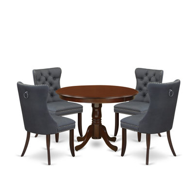 5 Piece Dinette Set Contains a Round Kitchen Table with Pedestal and 4 Parson Chairs, Mahogany