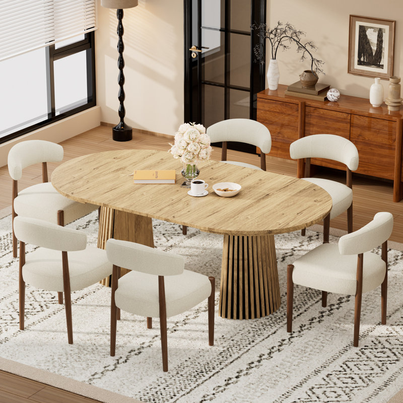 Ensemble de salle à manger extensible en bois avec 4 à 6 chaises rembourrées en tissu bouclé, table ovale ou ronde convertible