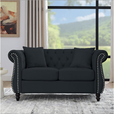 Canapé en velours Chesterfield de 58,8 po pour le salon, canapé 2 places capitonné avec accoudoirs roulés et tête de clou pour le salon, la chambre à coucher, le bureau, l’appartement, deux coussins