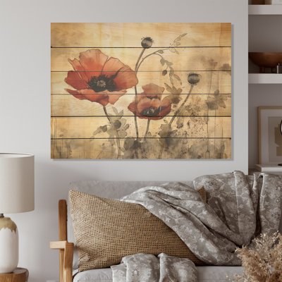 Vinateg Red Poppies Swaying In The Breeze - Poppies Wood Art On Natural Pine Wood