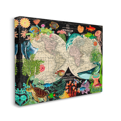 «Vintage World Hemisphere Map Vibrant Marine Animal Illustration» par Sangita Bachelet - impression