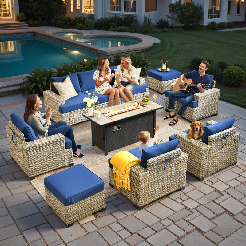 Harbin Wricker 7 - Person Outdoor Seating Group With Cushions, Navy, Yes