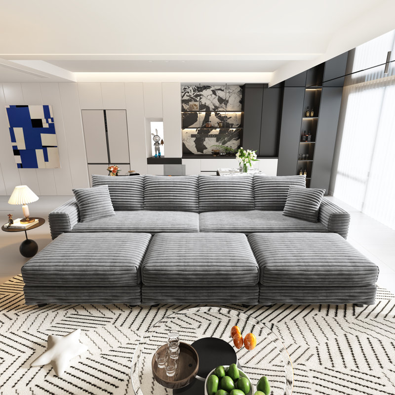7 Seater Oversized Modular Sofa Extra Deep Cloud Corduroy Sectional Couch With Ottoman Chaise, Gray