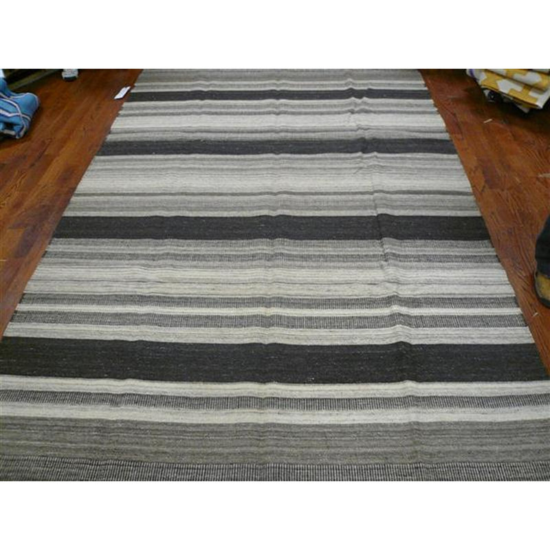 Rodgers Hand Woven Flat Weave H. S. Wool/Cotton Striped Rug in Black/Beige/Brown, Rectangle 8' x 10'