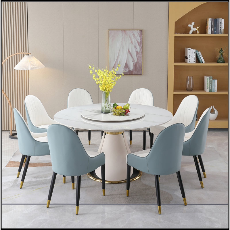 Table de salle à manger 59,05 "en pierre artificielle moderne avec table tournante ronde de 31,5" avec piédestal exquis en bois et en métal avec 8 chaises.
