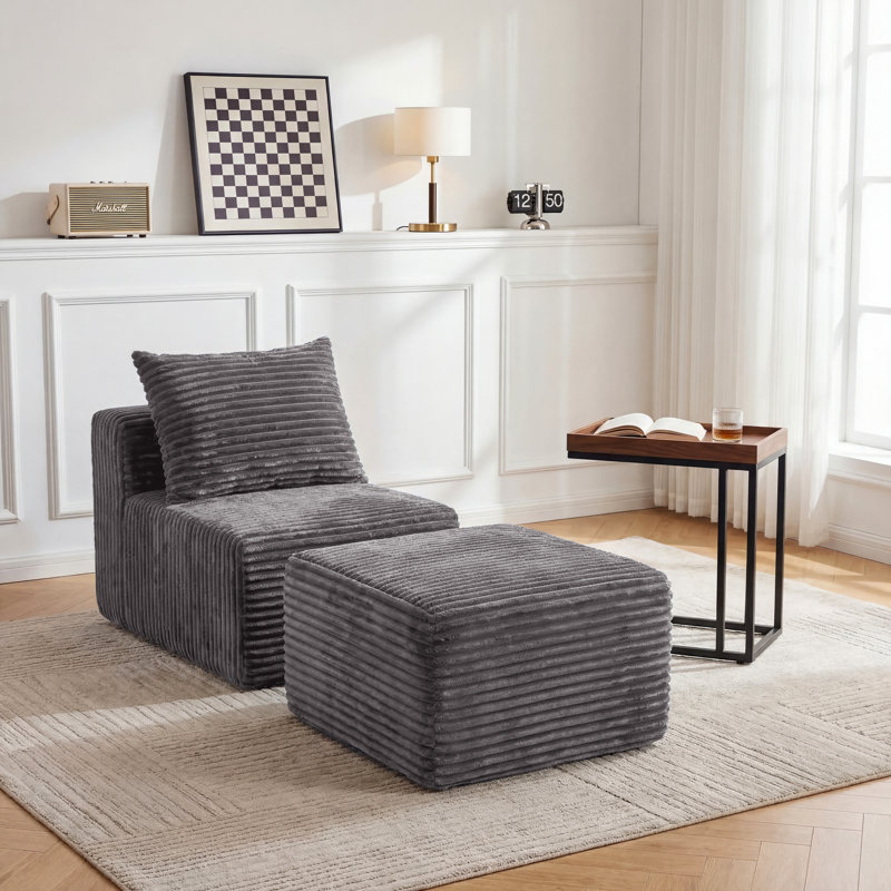  Compression Modular Sectional Ottoman for Sectional Sofa Component, Modern Flannel Upholstered Footstool with Pocket Springs, No Assembly Roll-Pack Pouf for Living Room, Grey