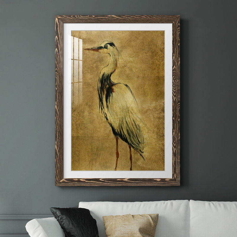 Gold Crane at Dusk II - impression, Papier, cadre noyer, H 20 po x l 17 po x P 1,5 po