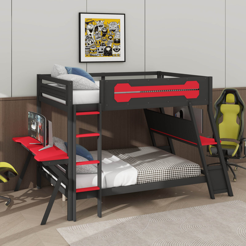 Full Size Gaming Bunk Bed Featuring 2 Integrated Desks, USB Connectivity On Desktop, And Pegboard Storage System, Black/Red