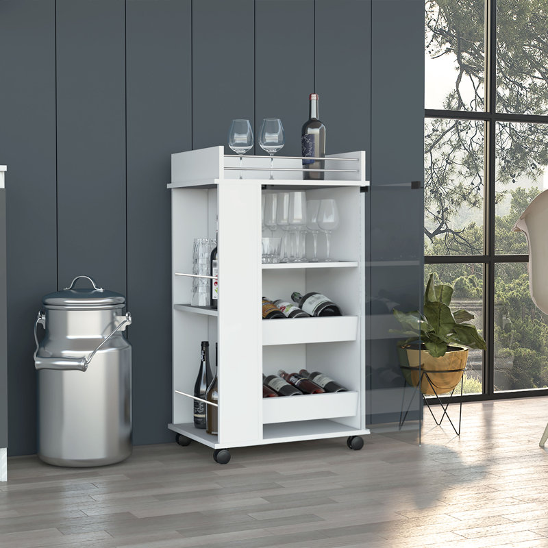 Baltimore Bar Cart with Casters, Glass Door and 2-Side Shelf, White