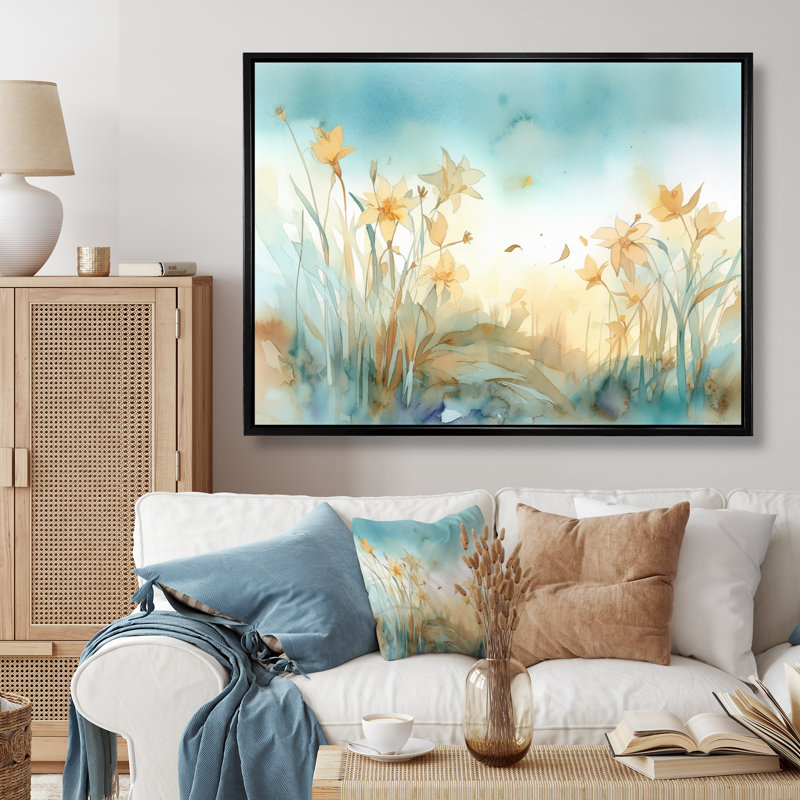 Jahanna Golden Daffodils Elegance III sur toile, H 30 po x l 40 po x P 1,5 po, Cadre flottant noir