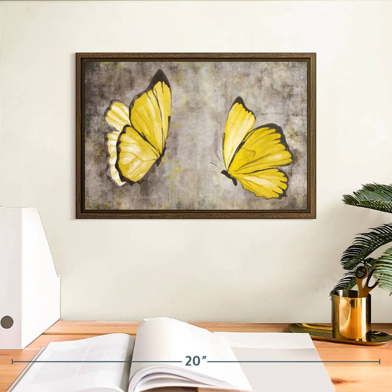 Papillons jaunes, 13 po x 9 po, Cadre flottant en noyer