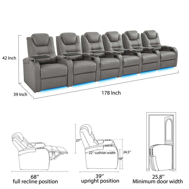 Double fauteuil inclinable de cinéma maison en cuir fleur avec ports USB et de type C