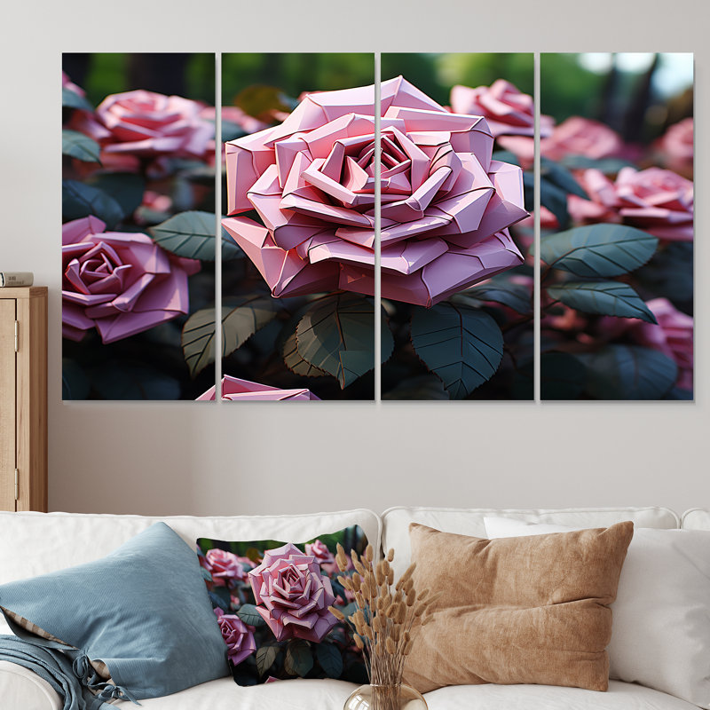 Floral Rhythmic Radiance - Abstrait géométrique, art mural sur toile 4 pièces, H 32 po x l 64 po